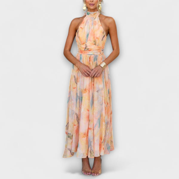 Caliana | Vestido maxi con cuello halter y estampado acuarela