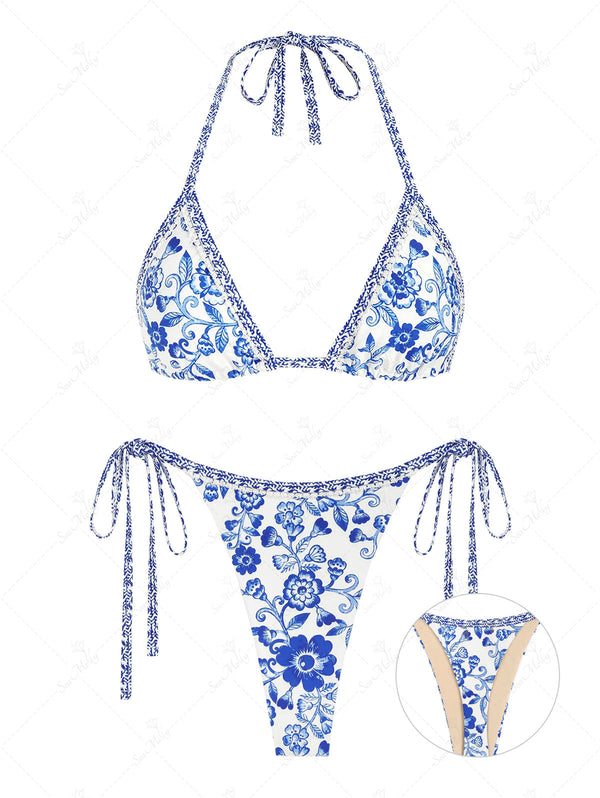 Triana | Conjunto de bikini con cuello halter y lazo en la espalda con encaje floral vintage.