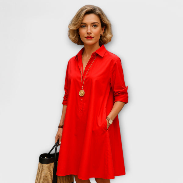 Mónica-Vestido camisero moderno con cuello y mangas tres cuartos