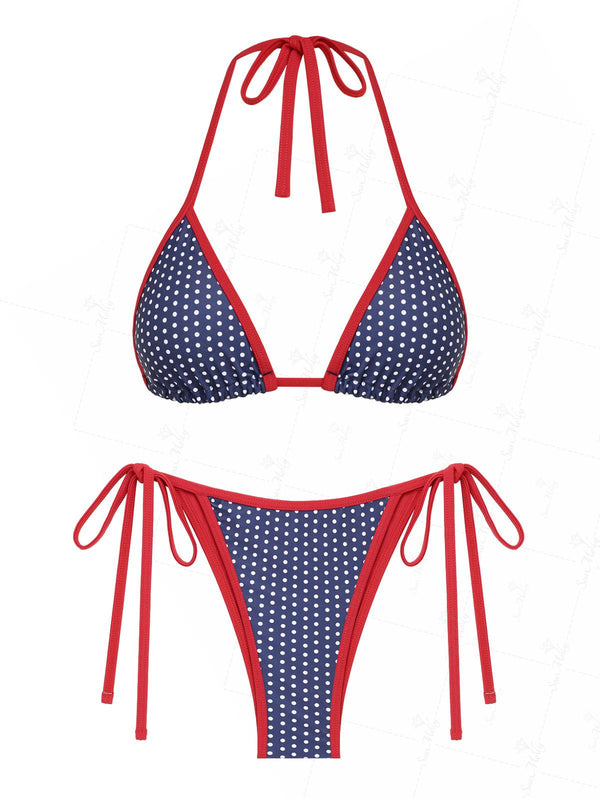 Indhira | Conjunto de bikini triangular patriótico con estampado de lunares en contraste