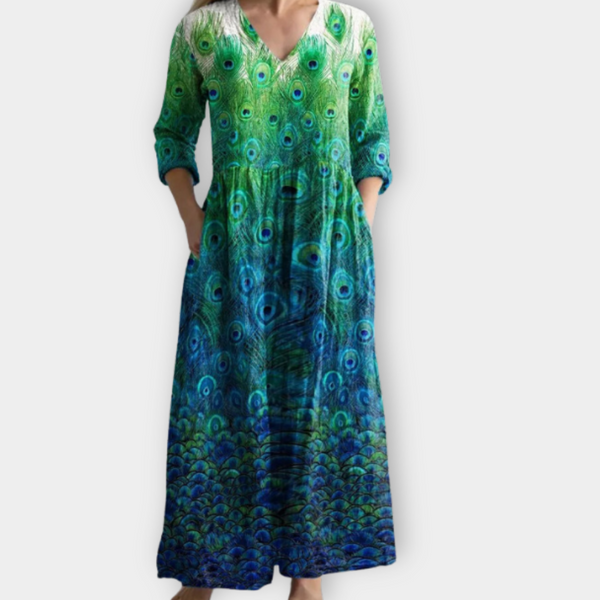 Petronila | Vestido maxi boho con estampado de pavo real