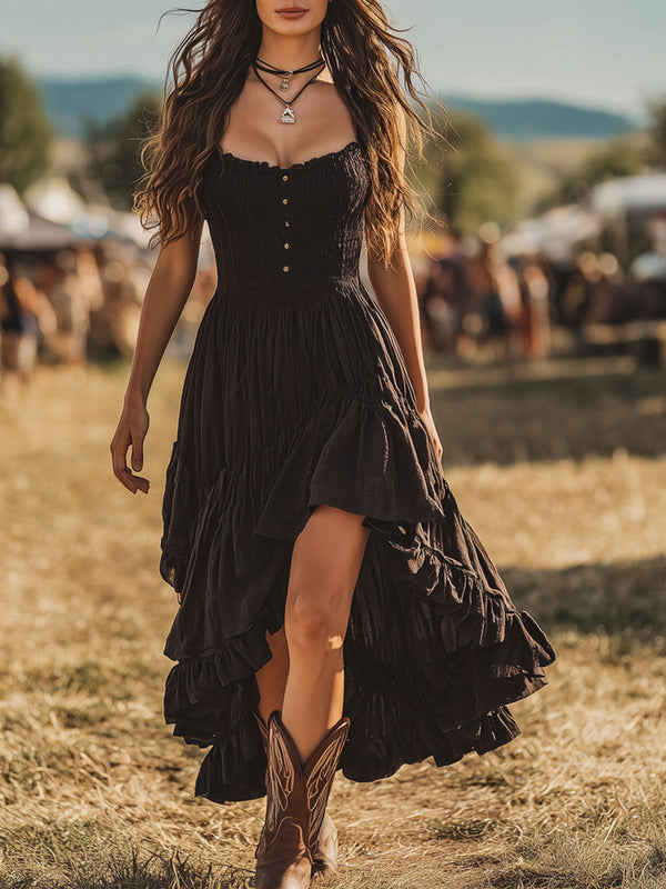 Blanca – Vestido maxi negro sin mangas con volantes y detalles plisados