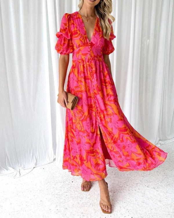 Aitana | Vestido maxi elegante con escote en V y mangas abullonadas