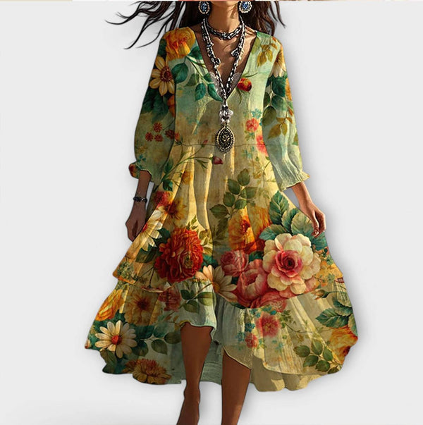 Marina - Vestido vintage boho con escote en V y estampado floral