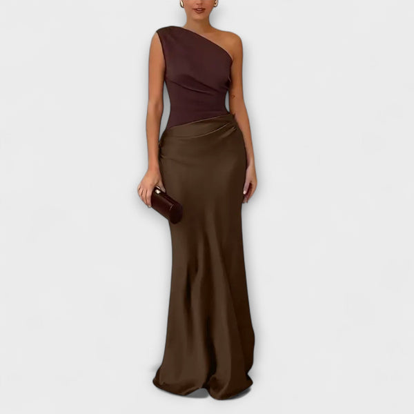 Rocío - Elegante vestido largo de pliegues con un hombro al descubierto