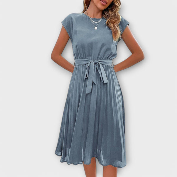 Claire - Vestido midi casual de manga corta con pliegues