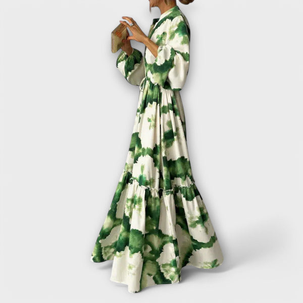 Melina - Vestido largo verde con mangas largas y escote en V