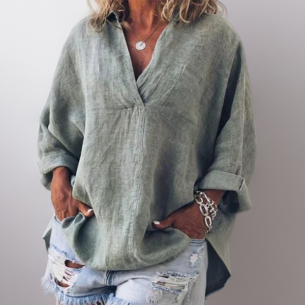 Taina┃Cómoda camisa de manga larga con cuello en V
