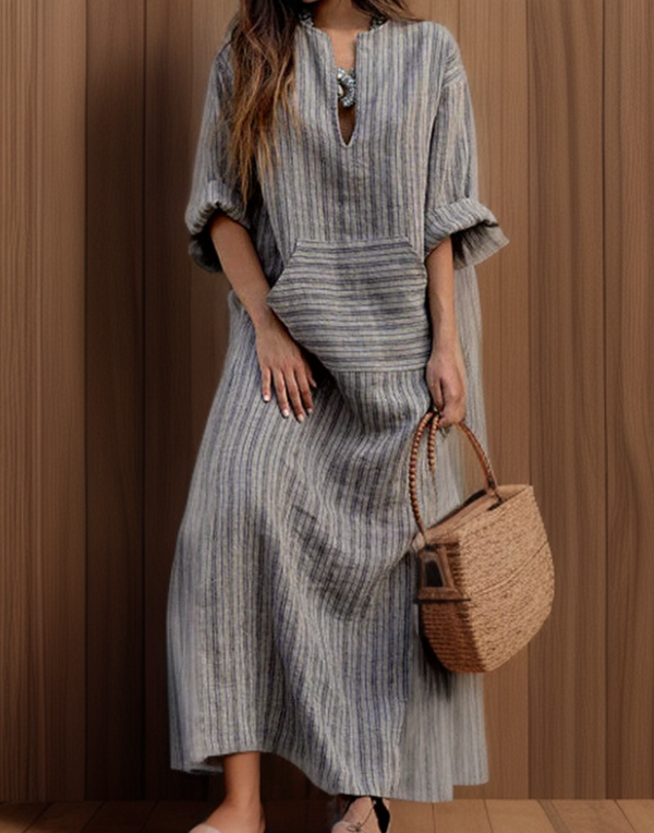 Ruby┃Vestido largo informal con rayas vintage y cuello en V