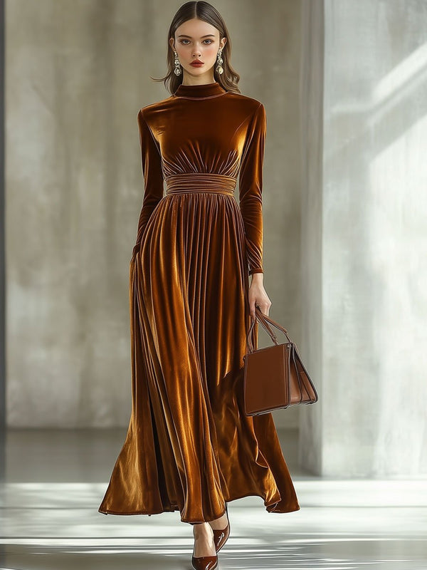 Elina – Vestido maxi liso con mangas largas y cuello alto medio