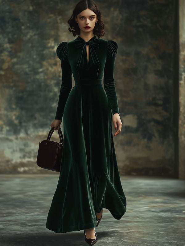Juliette – Vestido maxi de terciopelo con cuello alto y detalle de lazo
