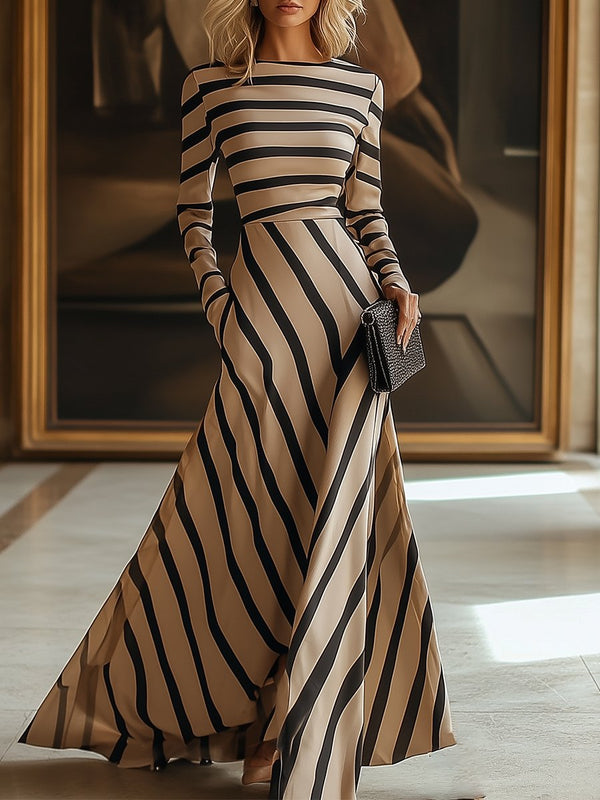 Pilar – Vestido maxi caqui a rayas con mangas largas