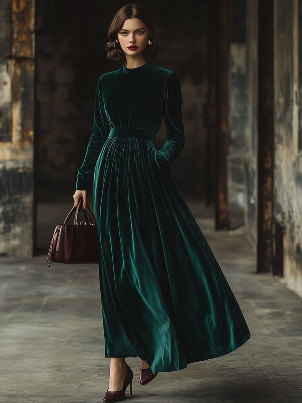 Francisca – Vestido maxi de terciopelo con cuello estándar y mangas largas